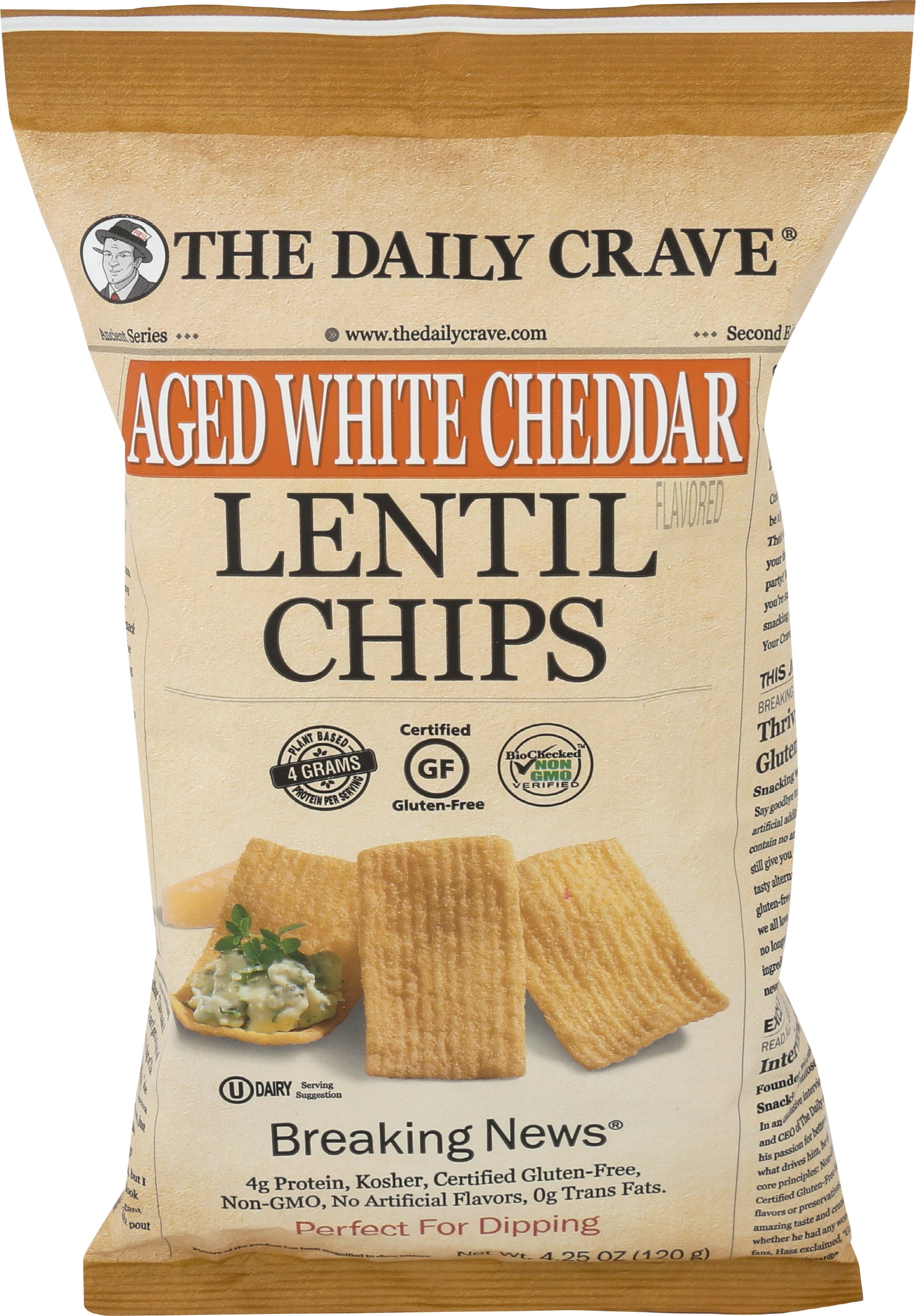 Pack of 8, The Daily Crave Aged White Cheddar Lentil Chips, 4.25 oz
