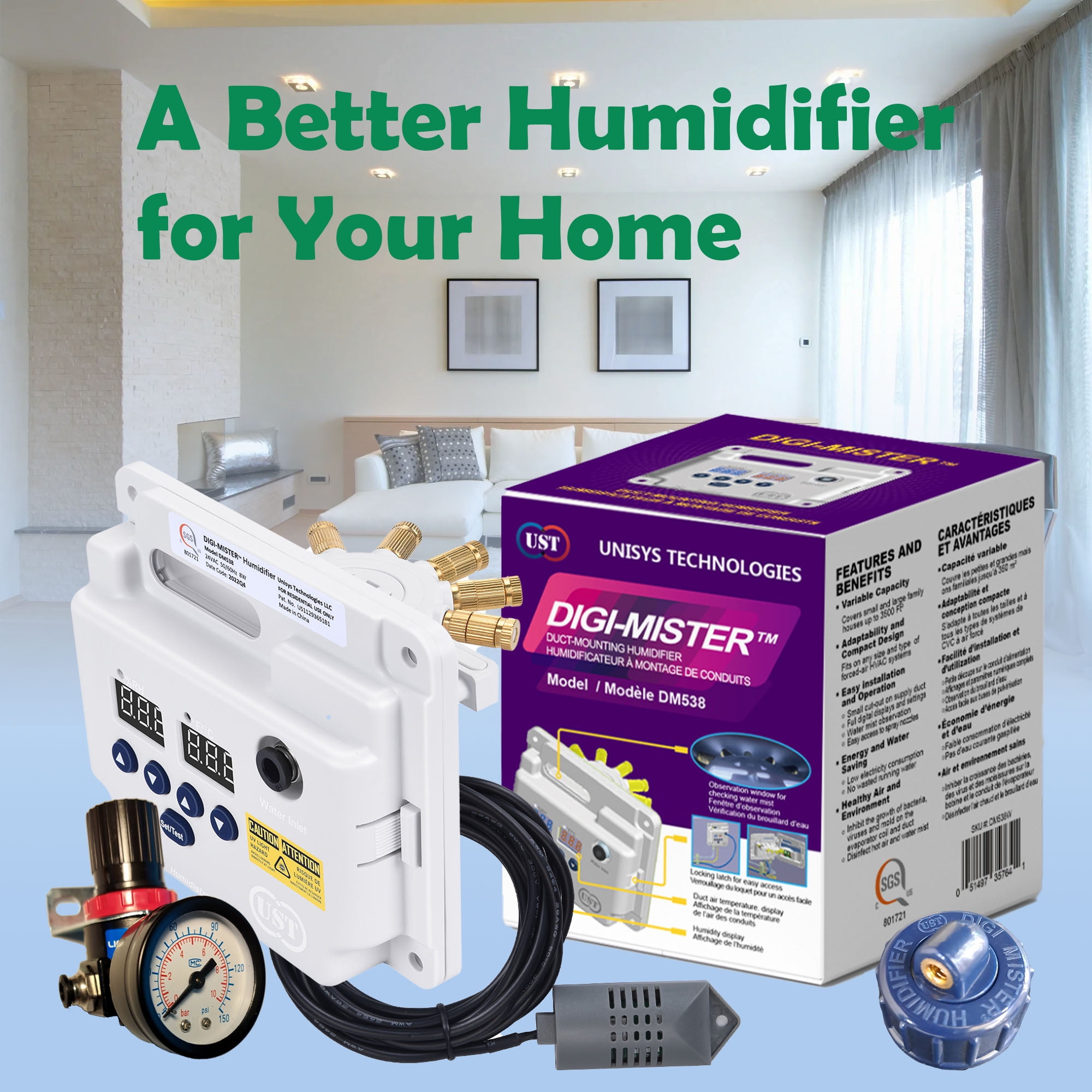 DIGI MISTER Evaporative Duct Mount Whole House Furnace Humidifier with 8 UV-C LEDs, Atomizing Cool Mist Variable Capacities for Homes and Offices from 1000 to 3500 sq. ft.
