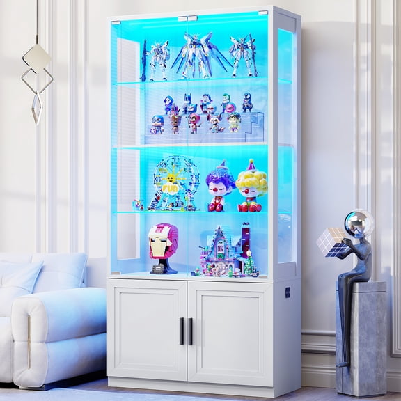 BROTTAR 67" Display Cabinet with Glass Doors, 4-Tier Curio Cabinet with 2 Removable Glass Shelves, Display Case with Storage Cabinet for Collectibles, White
