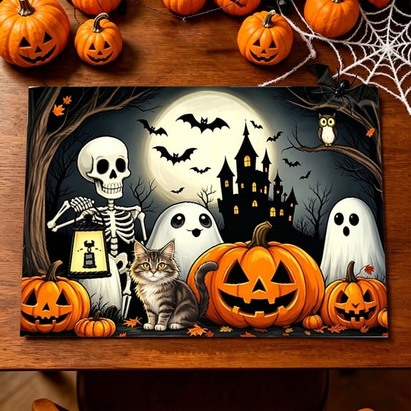 1/4/6pcs Full Moon Bat Pumpkin Skeleton Ghost Halloween 2D Print Placemat, Patio Kitchen Table Mat, Spooky Season Gift for Halloween Decor Lovers