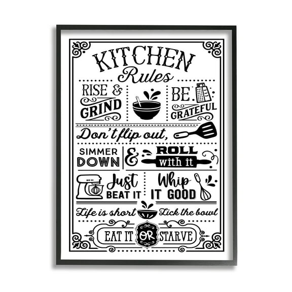 Stupell Industries Witty Kitchen Rules Vintage Border Motif Typography Graphic Art Black Framed Art Print Wall Art, Design by Lettered and Lined