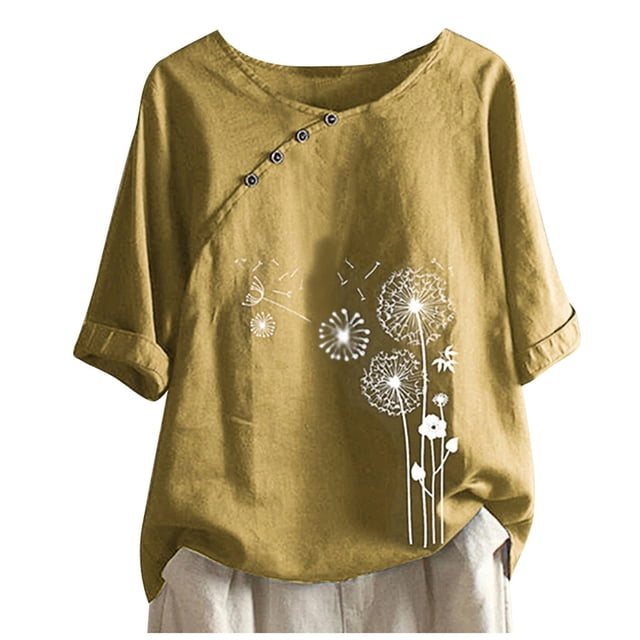 Penkiiy T-Shirts d'Été pour Femmes Décontractés en Coton et Lin T-Shirts à Manches Courtes Col Rond Chemise Ample T-Shirts Graphiques à Motif Floral m Jaune