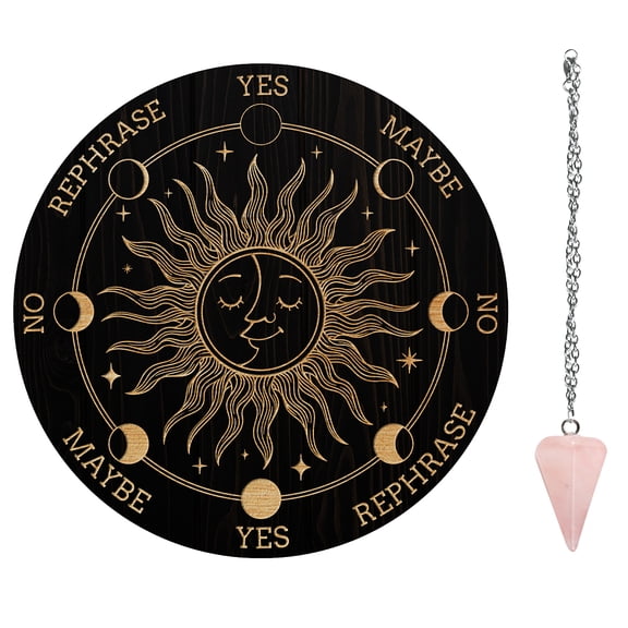 7.8" Pendulum Board Wooden Dowsing Planchette with Rose Quartz Dowsing Pendulums Divination Tools for Spirit Decoration - Sun Embraces Moon diy