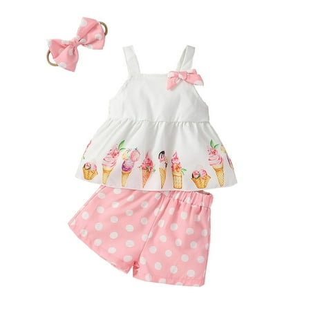 

HOANSELAY Kid Girls Pants Suit Casual Sleeveless Ice Cream Print Vest Tops + Dot Print Shorts + Head Band