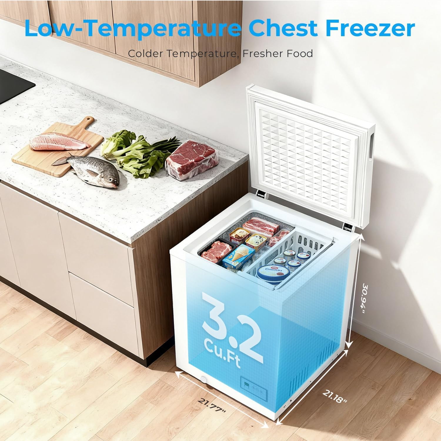 Chest Freezer 3.2 Cubic Feet 14℉to -40℉ Low Temperature Deep Freezer with Removable Basket,Free Standing Top Open Door Small Freezer,Adjustable Temperature for Home,Basement,Kitchen,White