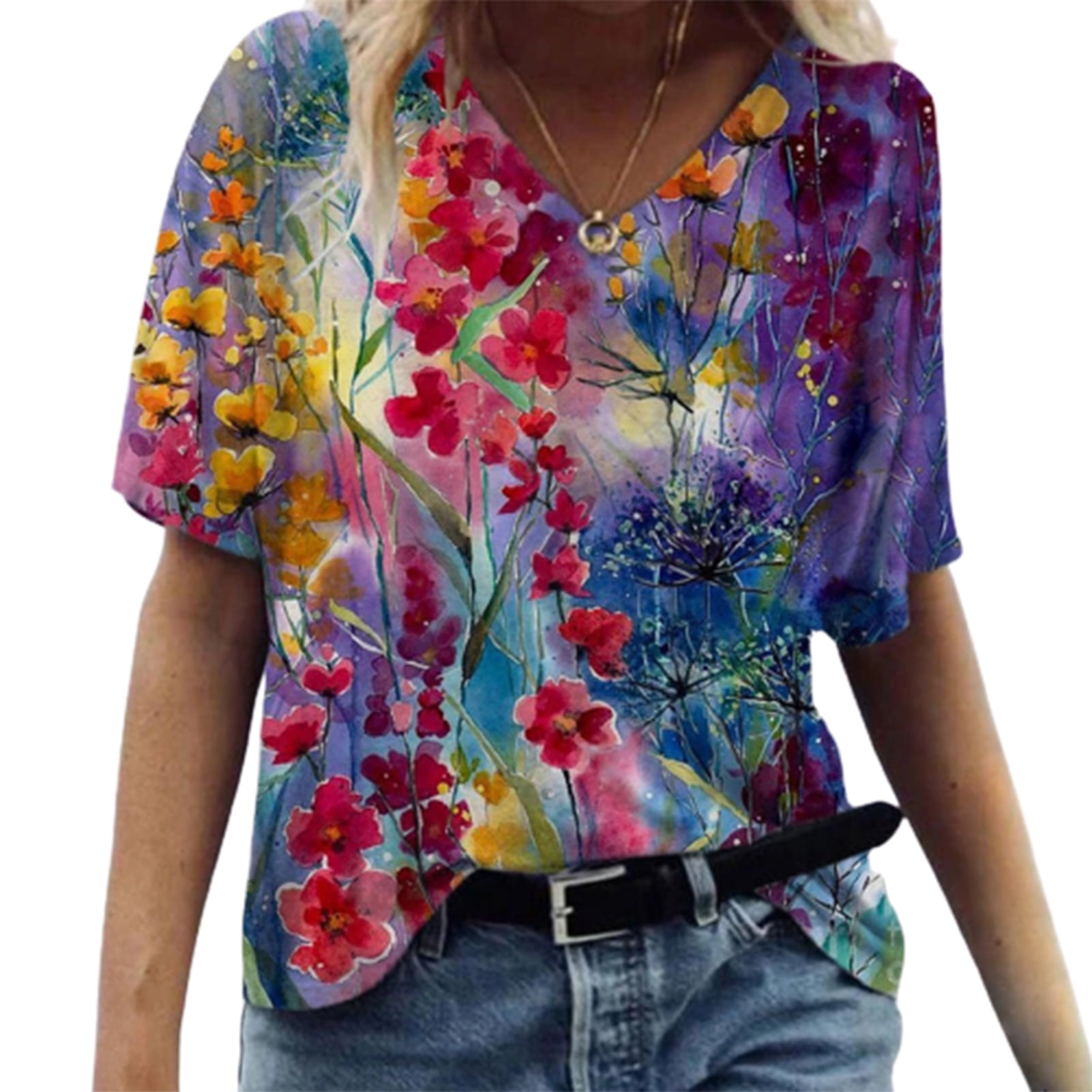 JFYi T-shirt Floral Print Short Sleeve Women V Neck Loose Blouse Top ...