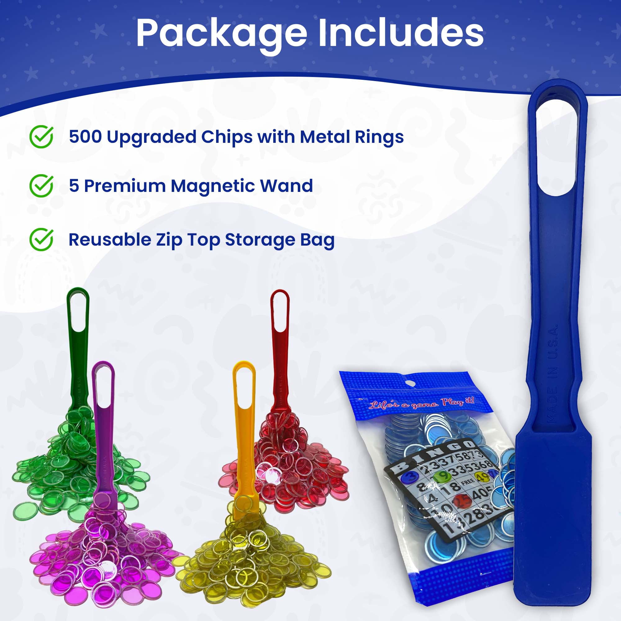 MR CHIPS 5 Magnetic Wands, 5 Bags of 100 Magnetic Bingo Chips, 5 Colors, Ages 6+