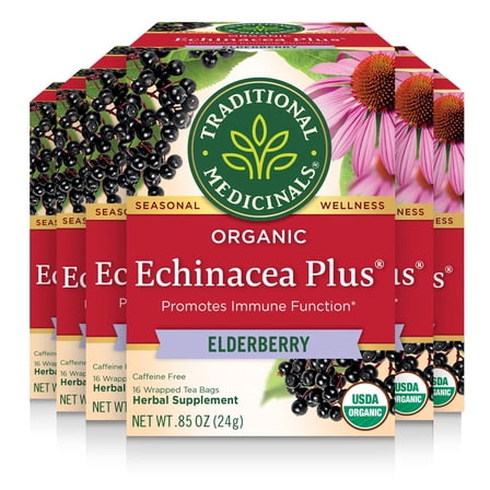 Traditional Medicinals Organic Echinacea Plus Elderberry Seasonal Tea, 16 Tea Bags(Pack of 6)