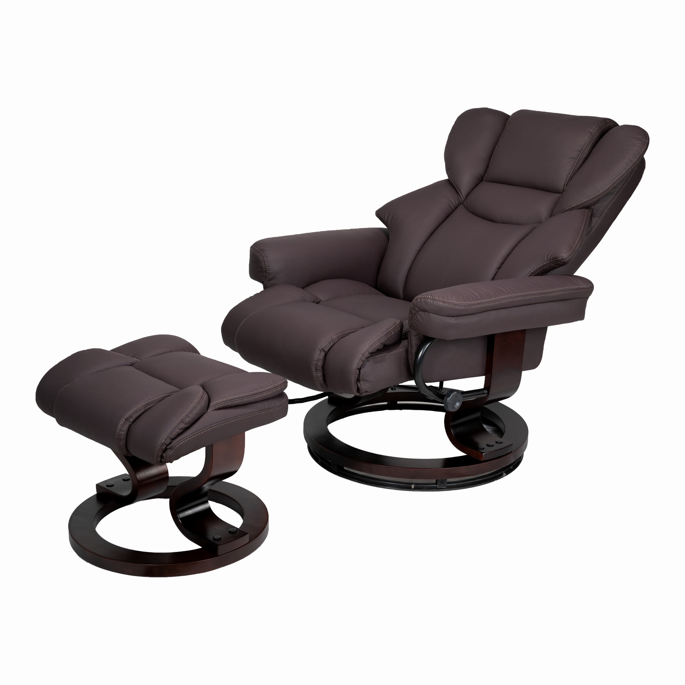 Noble House 8-Point Heated Massage Recliner with Ottoman, Durable Faux Leather Lounge Chair with Bent Wood Base, Brown