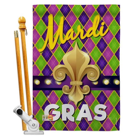 Breeze Decor BD-MG-HS-118010-IP-BO-D-US17-BD 28 x 40 in. Mardi Gras Fleur De Lys Spring Impressions Decorative Vertical Double Sided House Flag Set with Pole Bracket Hardware