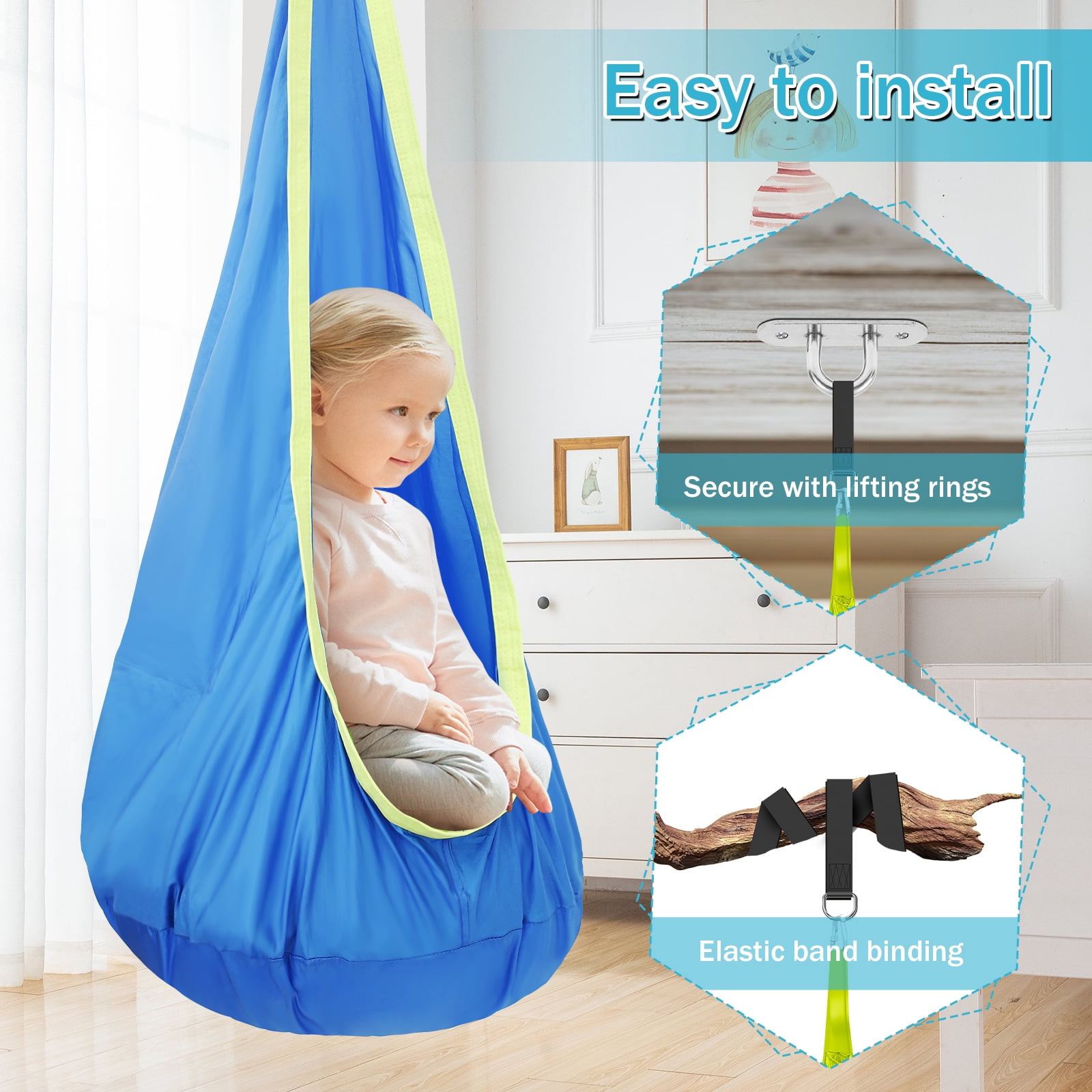 Kids Pod Swing Seat Hammock Chair Swing with Inflatable Pillow Hanging Hammock Chair Sensory Swing Chair with Pocket Max 200kg,62.99*27.56in
