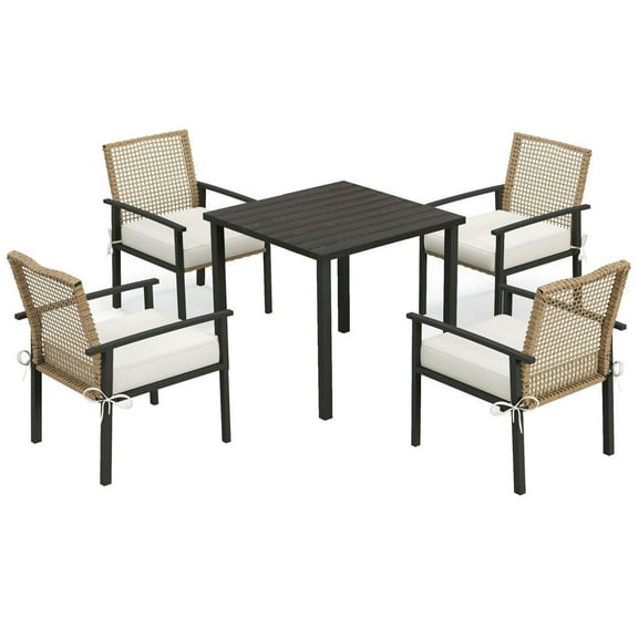 Spaco 5-Piece Wicker Rattan Patio Furniture Set with Cushions and Square Metal Table Top, Patio Table and 4 Pieces Chairs Conversation Set for Outdoor as Yard, Balcony, Porch, Beige