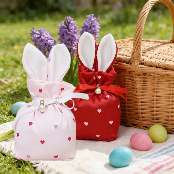 Bolsa De Tela Con Cordón Bolsa con cordón con orejas de conejo rosa, 1 pieza, regalo de conejito de Pascua para recuerdos de fiesta infantiles JASKFLY