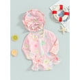 thumbnail image 3 of Bagilaanoe Toddler Baby Girl One-Piece Swimsuit Flower Print Long Sleeve Zipper Rashguard Swimwear + Sun Hat 6M 9M 12M 18M 24M 3T Kids Ruffle Bathing Suit, 3 of 9