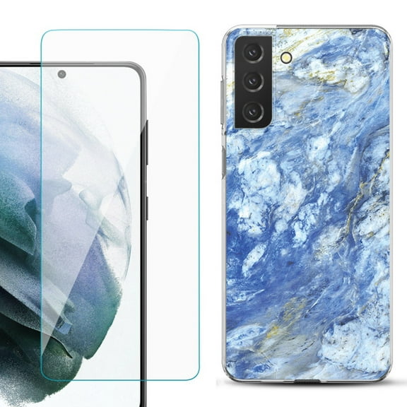 Slim-Fit TPU Fashion Phone Case for Samsung Galaxy S21 FE 5G Fan Edition, with Tempered Glass Screen Protector, by OneToughShield ® - Marble / Gem Blue