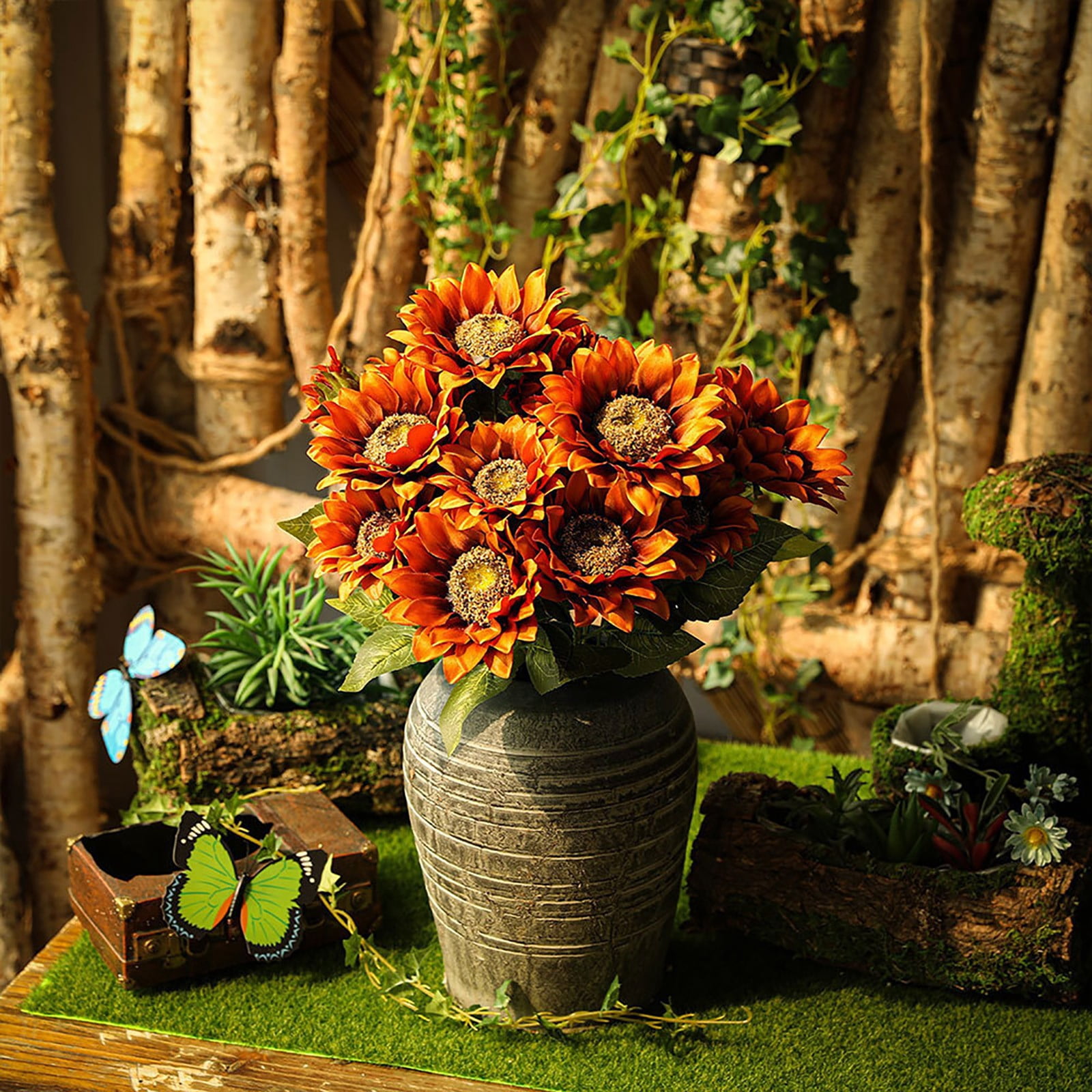FXMLRLK 1 Bunch 11.8" W x 19" H Large Sunflowers Artificial Flowers with Long Stems Silk Fake Big Sunflowers Bouquet Faux Sunflower Arrangement for Home Vase Wedding Garden DIY Fall Decor,Blue