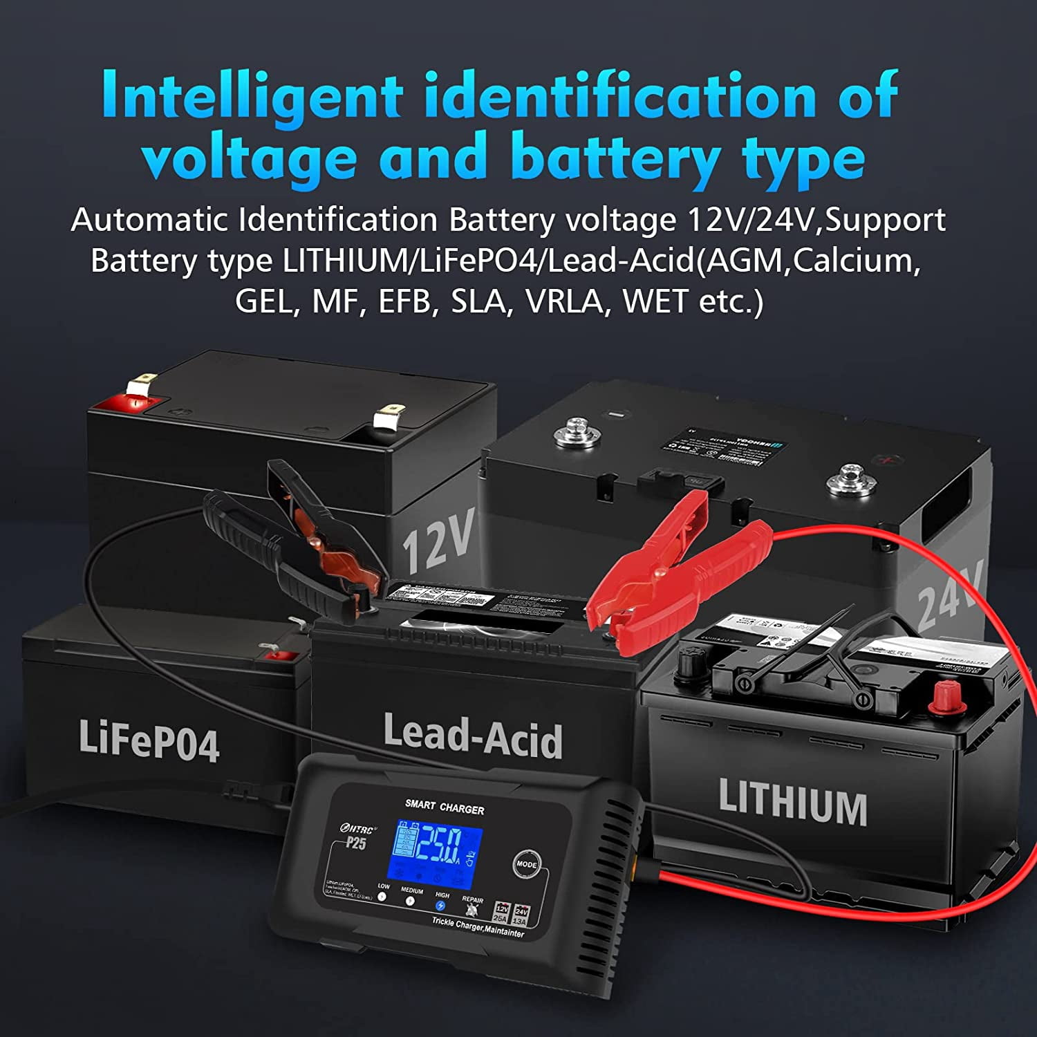 25-amp smart battery charger,lithium,lifepo4,lead-acid agm/gel/sla.. car battery charger,trickle charger, maintainer/deep cycle charger,12v/25a and 24v/13a,for motorcy,boat,lawn mower