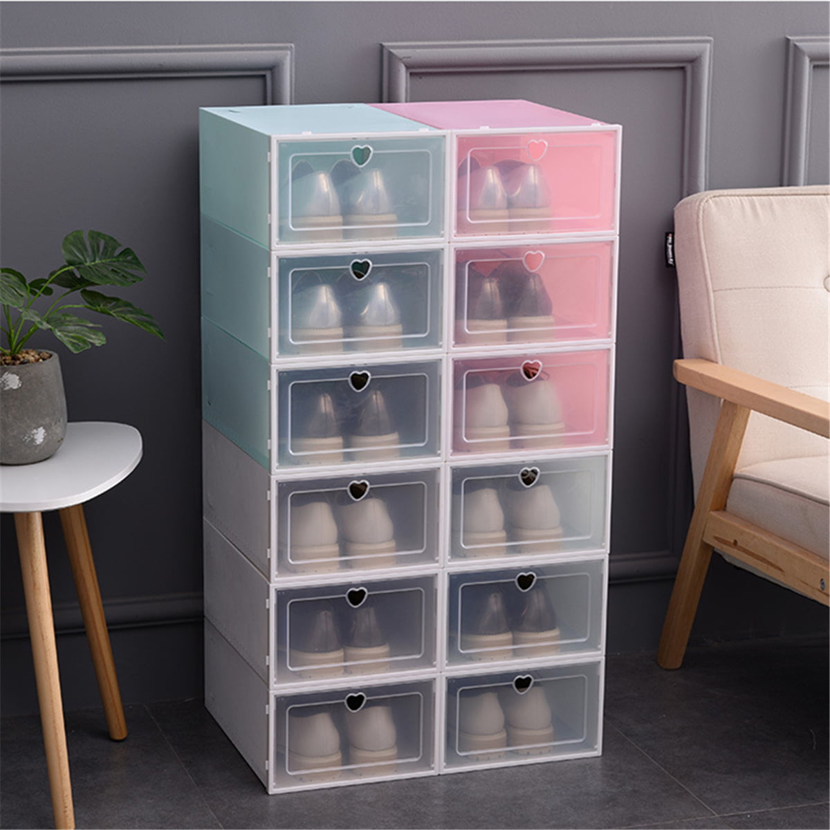 White Foldable Clear Plastic Home Shoe Box Organiser Drawer Stackable