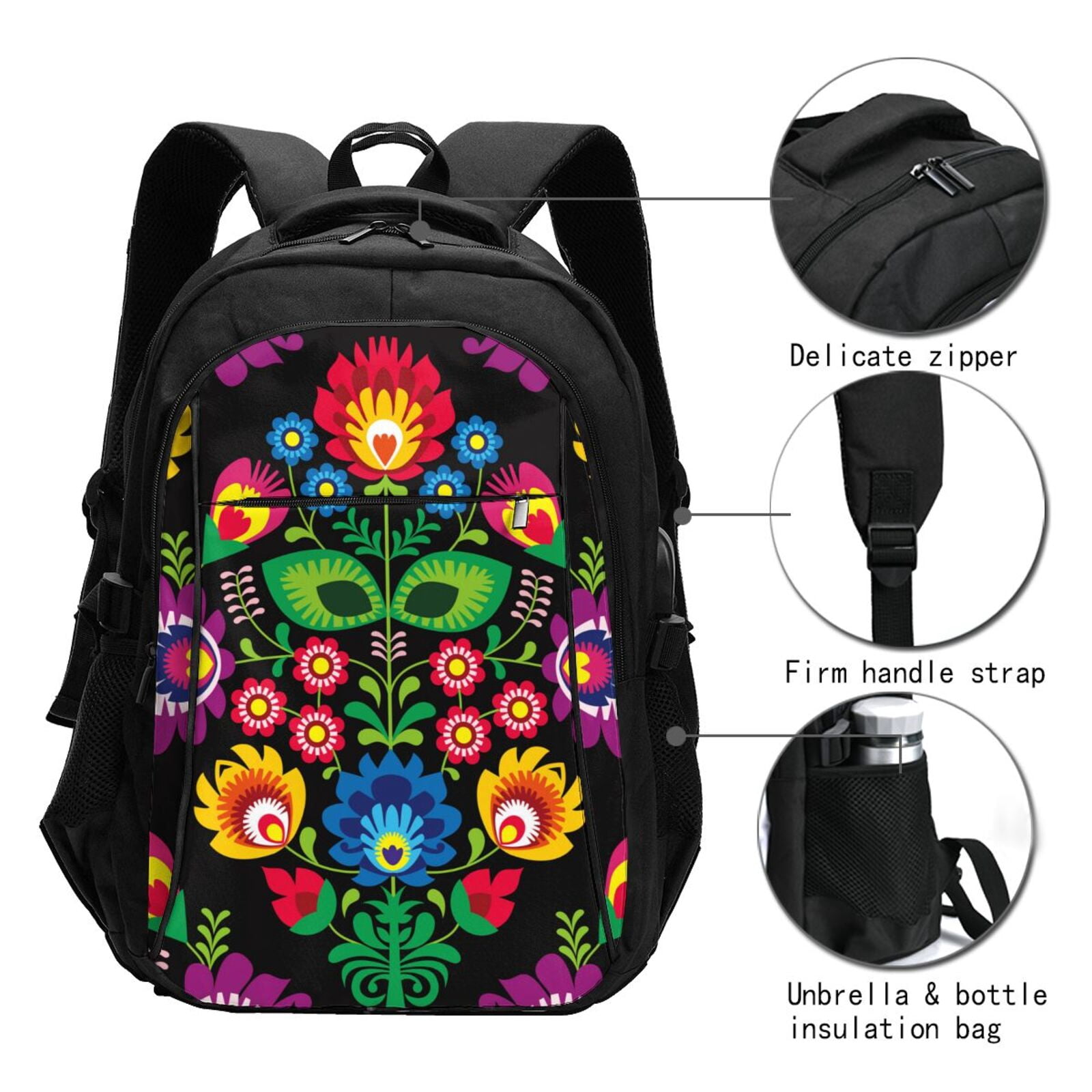 Ratiio Traditional Floral Polish Print Travel Laptop Backpack,Slim Sturdy Laptops Backpack with USB Charging Port, Water Resistant College School Computer Bag