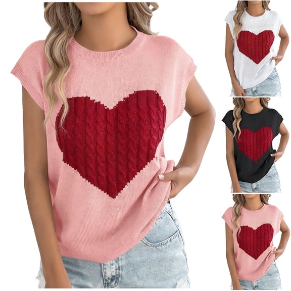 Horkkom Valentines Sweater Women Heart Print Crewneck Sleeveless Sweater Tops Casual Pullover Sweater L