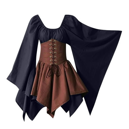 QLEICOM Women Medieval Renaissance Costume Dress  Vintage Cosplay Victorian Gothic Corset Dress  Gothic Vintage Court Banquet Dress  Bell Sleeves Mini Bodycon Dress with Peasant Bodice Navy S