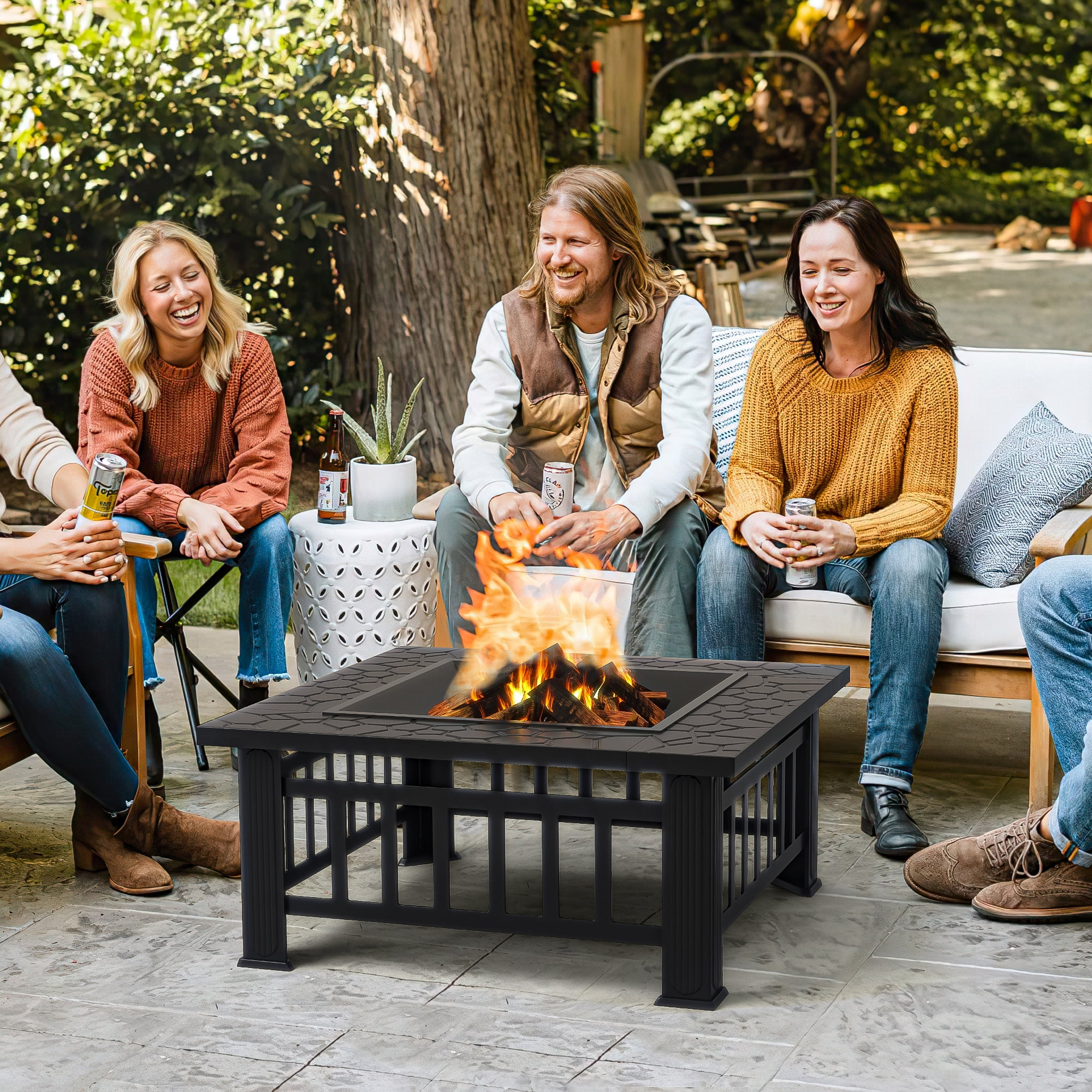 Kepooman 32" Wood Square Fire Pit Table for Outside Fire Pit/Ice Pit/BBQ Fire Pit, Black