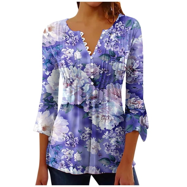 Camisetas de Cuello en V Mujeres, Impreso 3/4 Manga Blusa Casual Hecha de Cómodo Estante de Imitación para Toda la Temporada de Uso Diario, Camisetas Casuales de Mujer