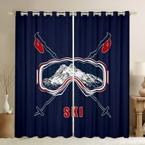 Manfei Ski Print Black Out Curtains, Navy Blue Curtains Pack of 2 (42x63 Each), Sports Theme Bedroom Curtains, Luxury Bedroom Decor