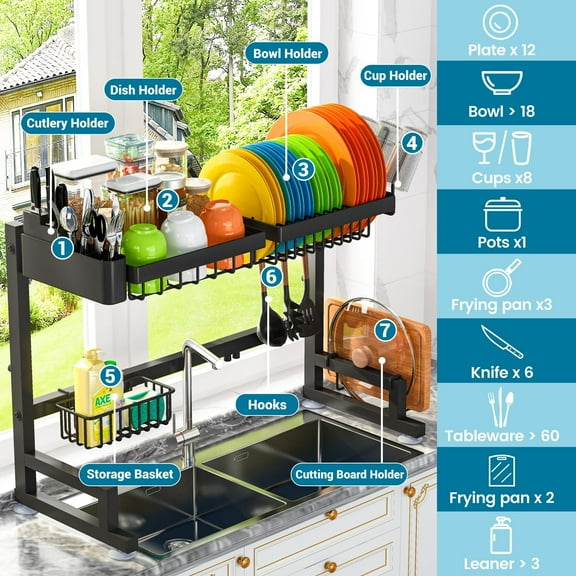 Adjustable Over Sink Dish Drying Rack 24.5-35.5 Inches Expandable Stainless Steel Kitchen Organizer