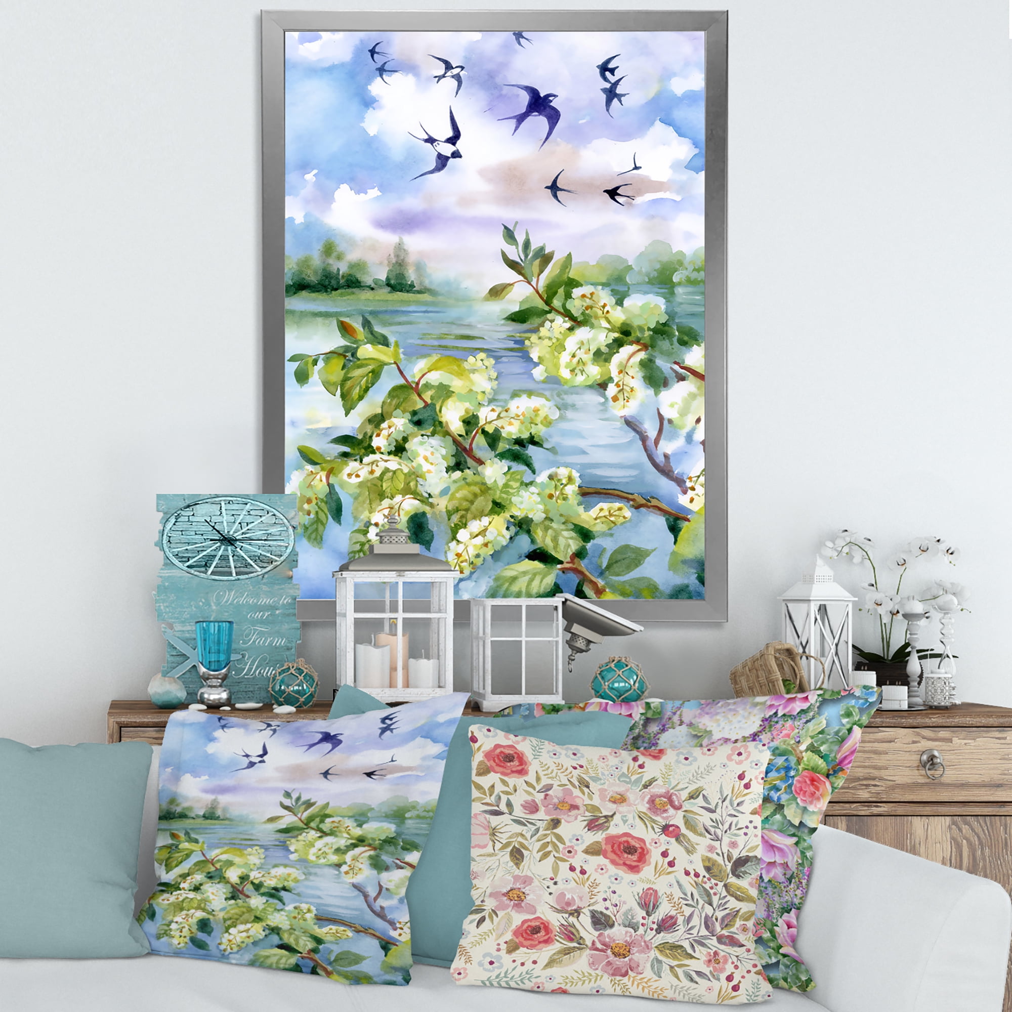 Flowers of The Cherry Blossoms On A Spring Day Landscape 12 in x 20 in Framed Painting Canvas Art Print, by Designart