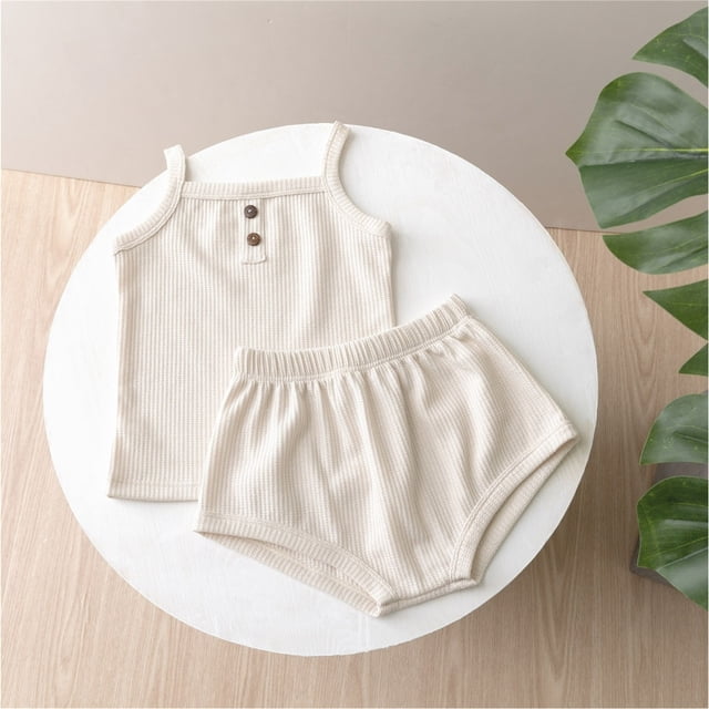 Toddler Baby Girl Summer Clothes Ribbed Sleeveless Button Front Cami Tops and Shorts Infant Outfits Set