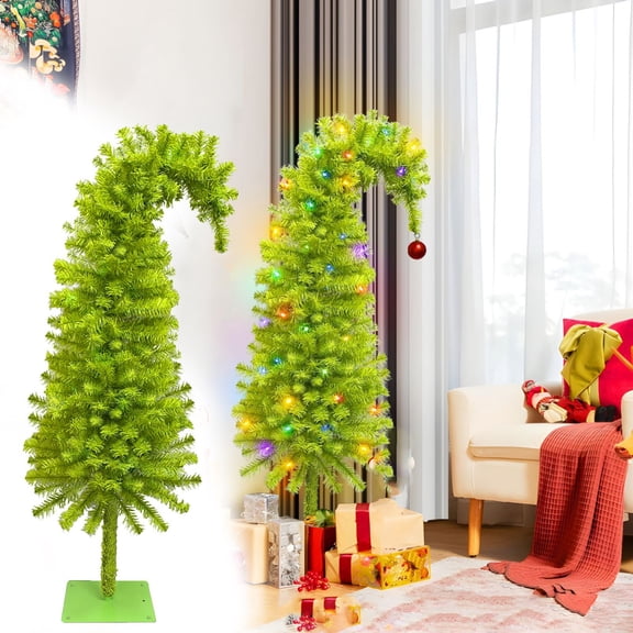 GoLucid 3ft Bent Top Greenery Christmas Tree with Multicolor LED Lights, 90cm High Density Green Curved Leaning Whimsical Xmas Tree for Indoor Holiday Decor