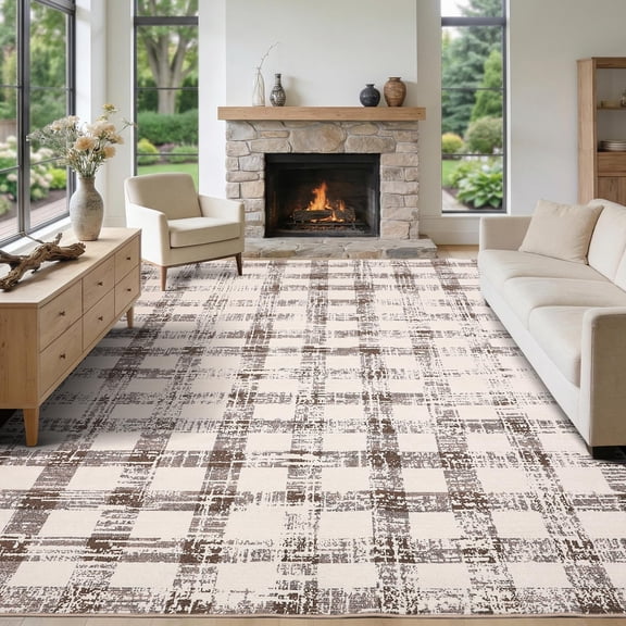 9x12 Checkered Area Rug, Washable Modern Geometric Rug, Non Slip Low Pile Soft Carpet for Bedroom, Living Room, Dining Room, Beige