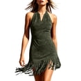 thumbnail image 3 of VBVC Women's Faux Suede Halter Neck Mini Dress , Ladies' V-Neck Fringe Hem Western Dress , Festival Party Bodycon Dresses For Women,Army Green,S-2XL, 3 of 9