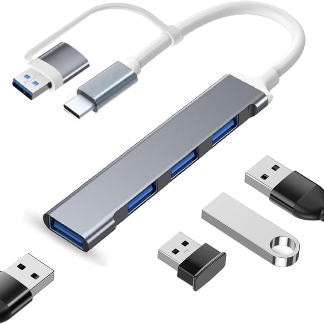 Adaptador USB C 4 en 2 Podero Ultradelgado con Hub USB 3.0 de 4 Puertos en USB A