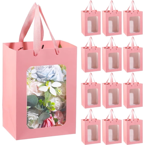 Pink Paper Gift Bags with Transparent Window, Kraft Shopping Bag with Handle for Flower Bouquet, Party Favors, Valentine's Day