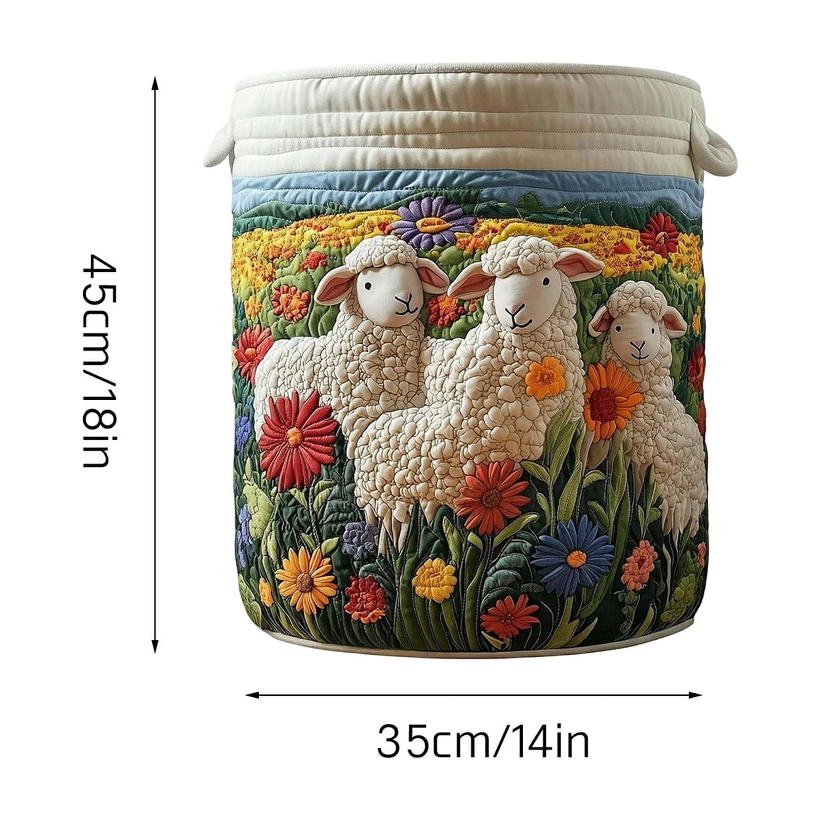 Quilted Laundry Basket Boho Fabric Floral Storage Hamper for Nursery Bedroom Laundry Room Clothes Toys(14" x 18")