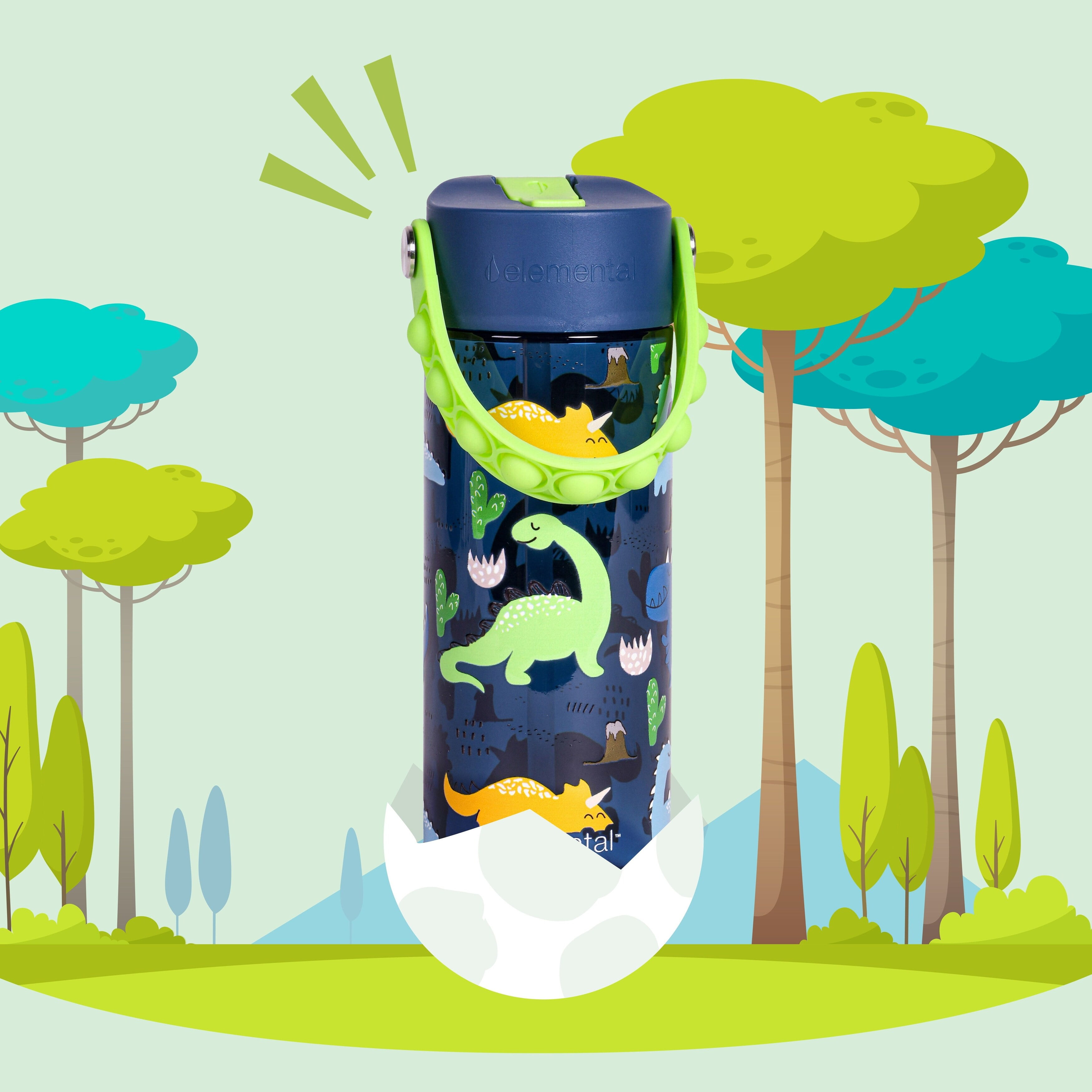 Elemental Splash Kids Water Bottle - Plastic Water Bottle - BPA Free - Leak Proof - Straw Lid - Pop-it Handle - Durable - For Girls, Boys & School Reusable Water Bottle - 18oz - Dinosaur Navy