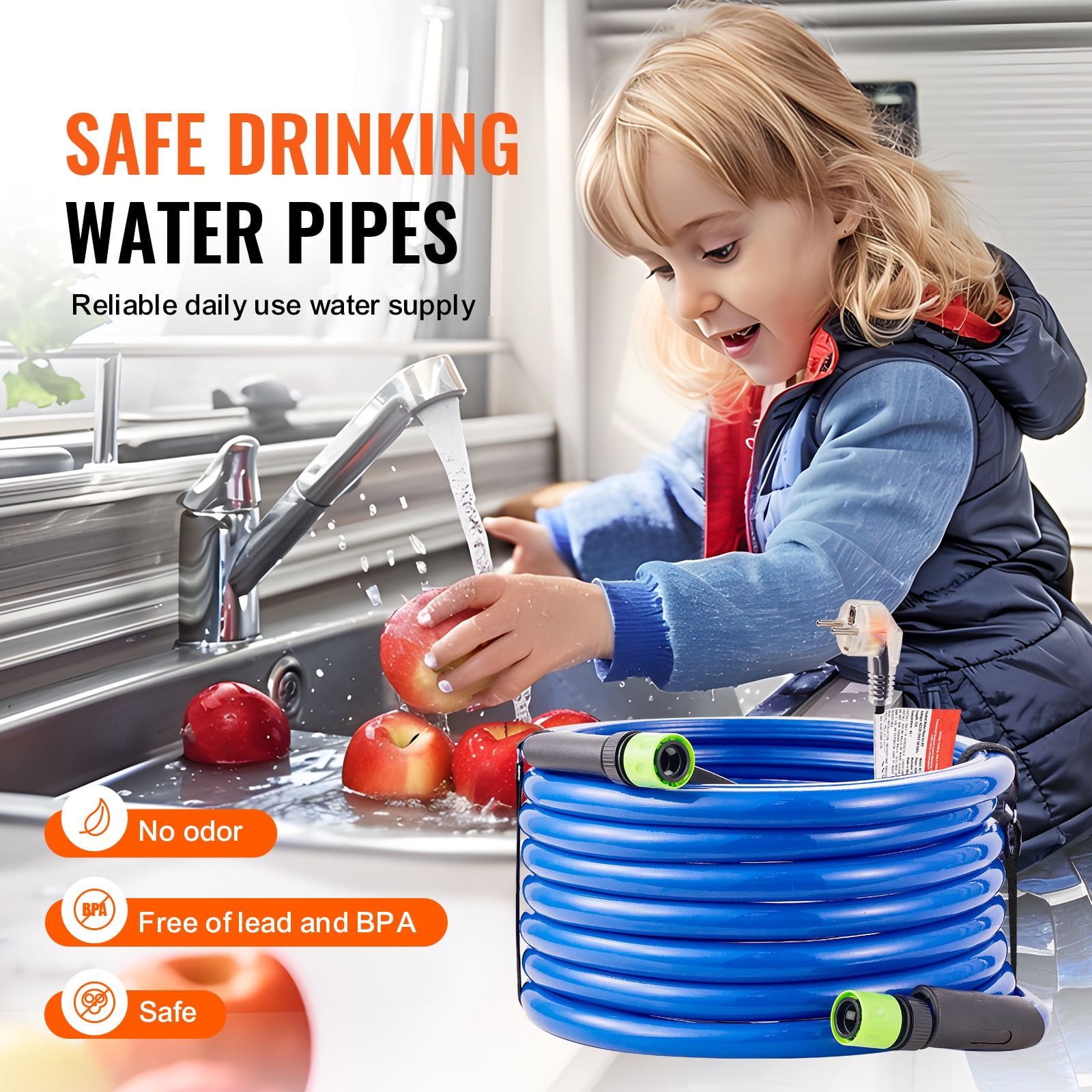 KFFKFF 30ft RV Heated Hose, Prevents Freezing Down to -45°F, Self-Regulating, 5/8" Inner Diameter, Includes 3/4" GHT Adapter, Free from Lead and BPA