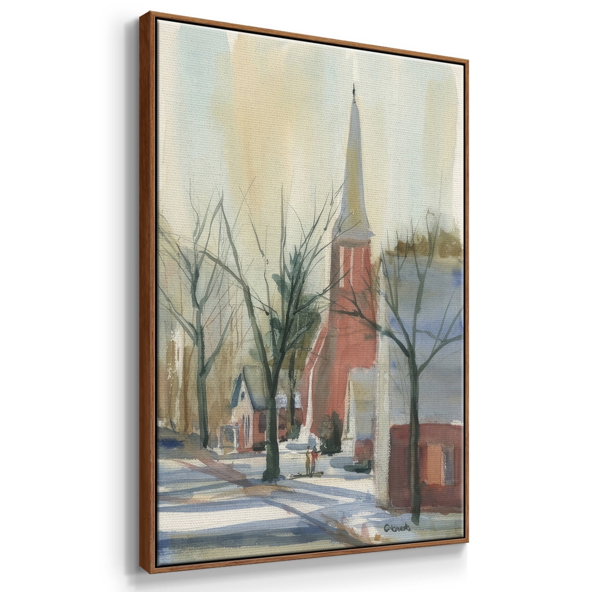 New England Main Street - Framed Gallery Wrapped Holiday Canvas - 17 x 25 - Rosewood Frame