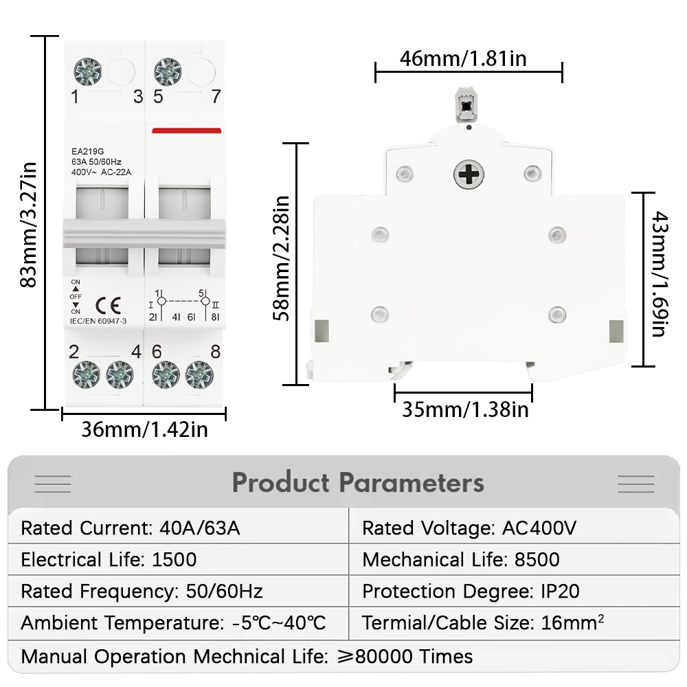 2P 40A 63A AC400V 50/60Hz Din Rail Modular Dual Power Manual Transfer Switch Isolating Discounnecting Switch Circuit Breaker