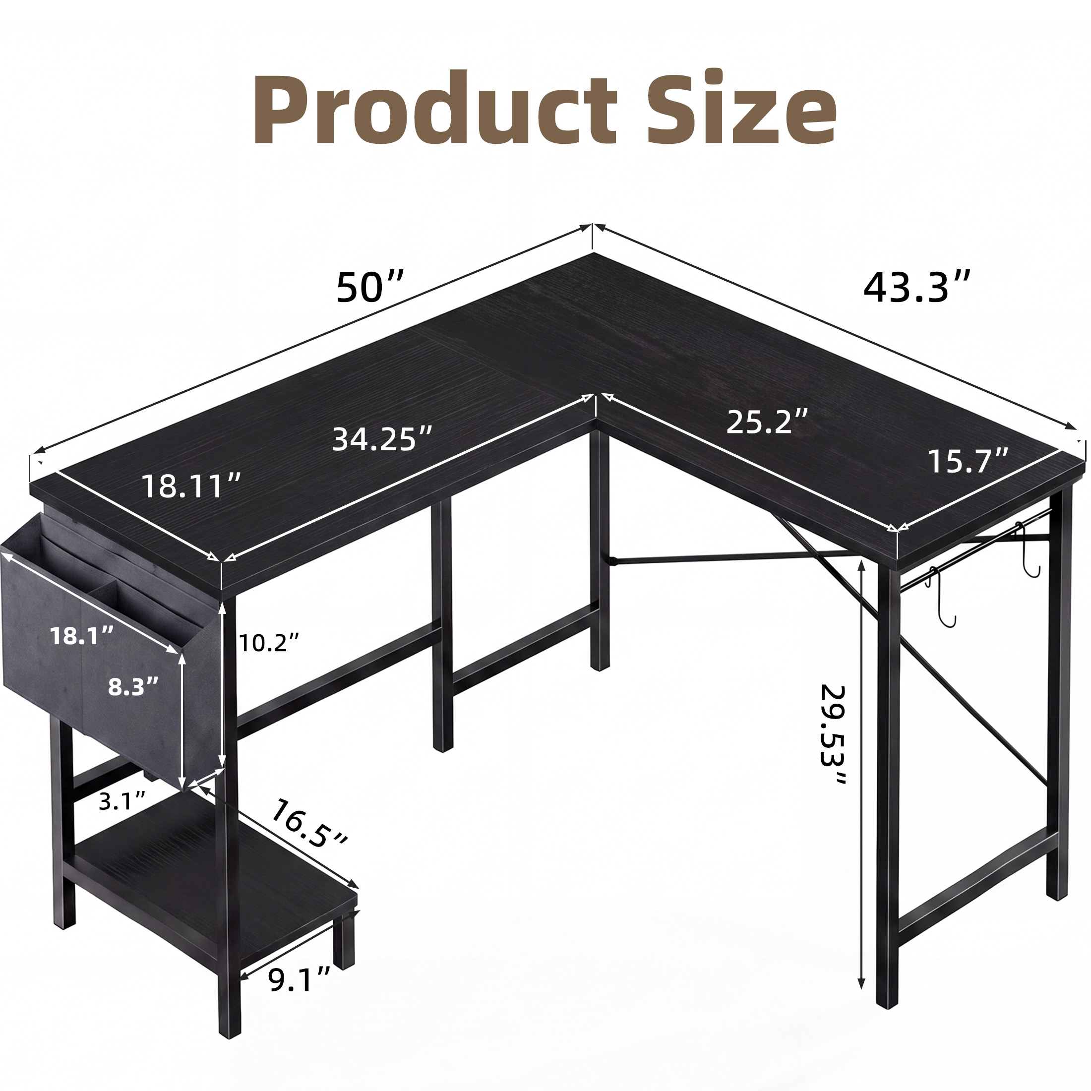 edx L-Shaped Computer Desk, 50 Inches, Black photo 3