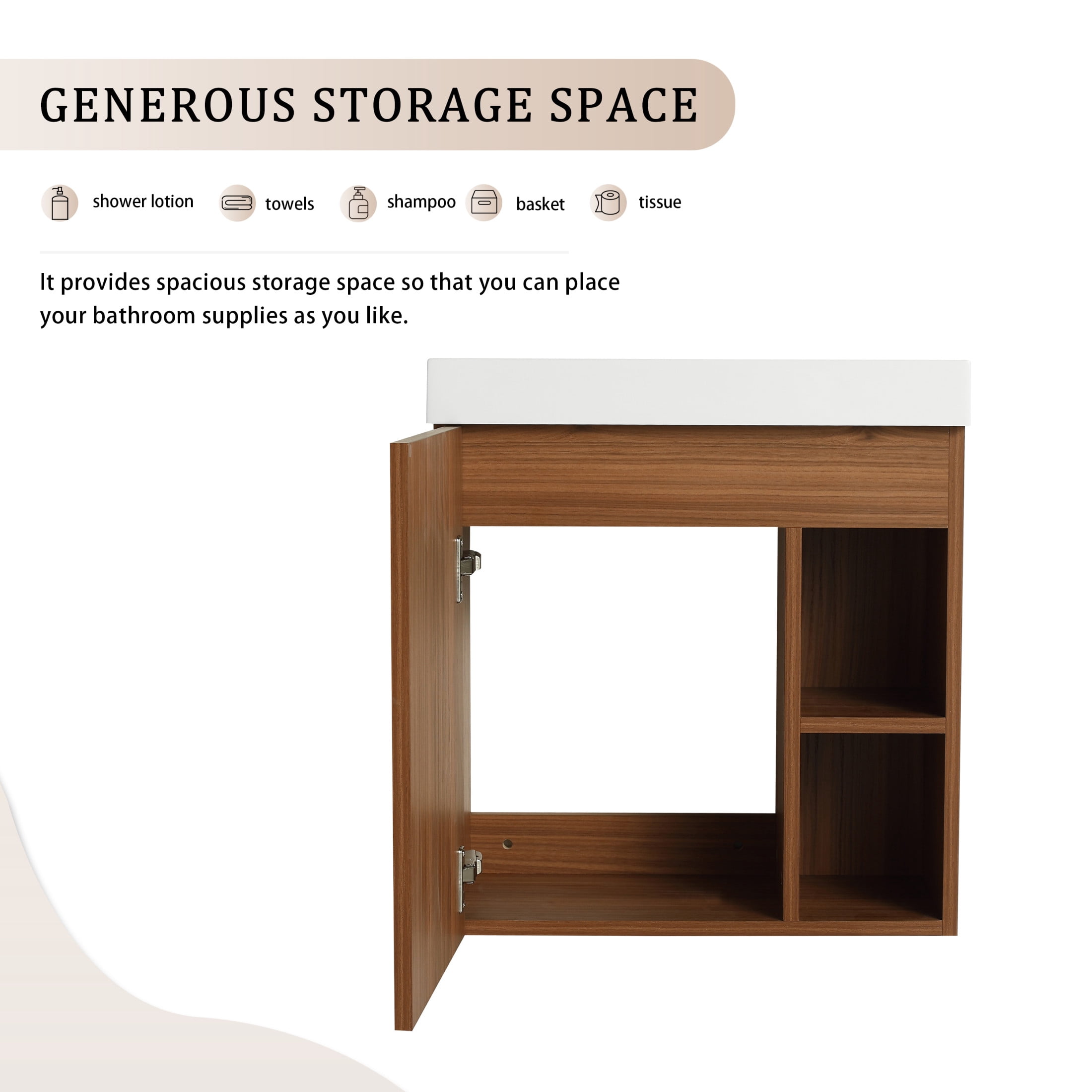 Noble House 20" Floating Bathroom Vanity, White Resin Sink, Soft-Close Door, Open Shelves, Wall-Mounted, Walnut