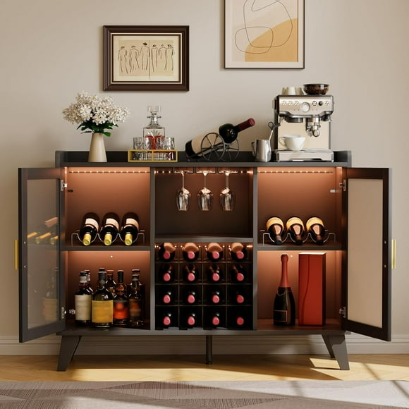 Kojooin Home Wine Bar Cabinet with LED Light Freestanding Liquor Cabinet Coffee Bar Kitchen Food Pantry with Storage, Shelves & Microwave Stand for Living Room, Dining Room