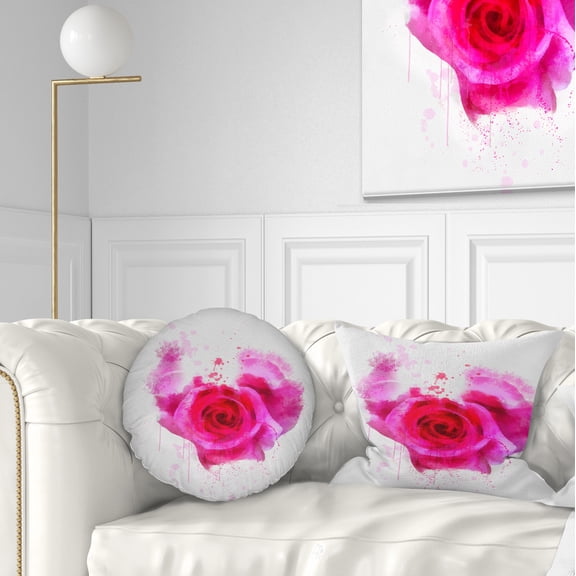 Designart Pink Hand drawn Rose on White - Floral Throw Pillow - 12x20