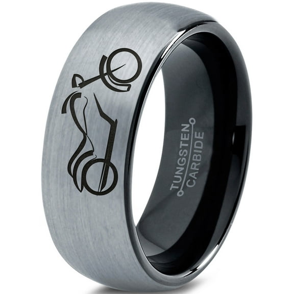 Tungsten Motorcycle Bike Motor Bicycle Band Ring 8mm Men Women Comfort Fit Black Dome Brushed Gray Polished