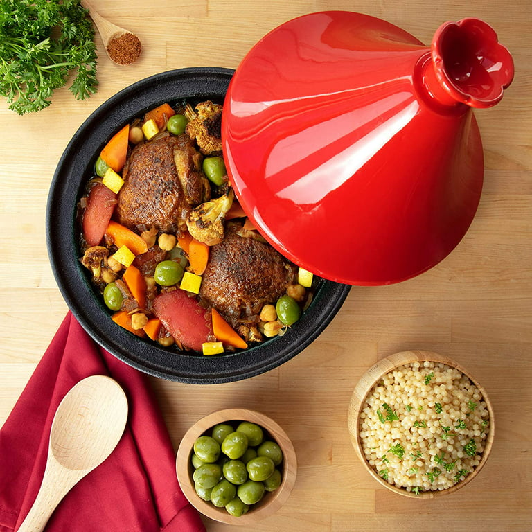 Tagine Moroccan Cast Iron 4 qt Cooker Pot with Recipe Book, Caribbean  One-Pot Tajine Cooking, Enameled Ceramic Lid- 500 F Oven Safe Dish w Large  Capacity, Cone Shaped Lid, High Quality Cookware