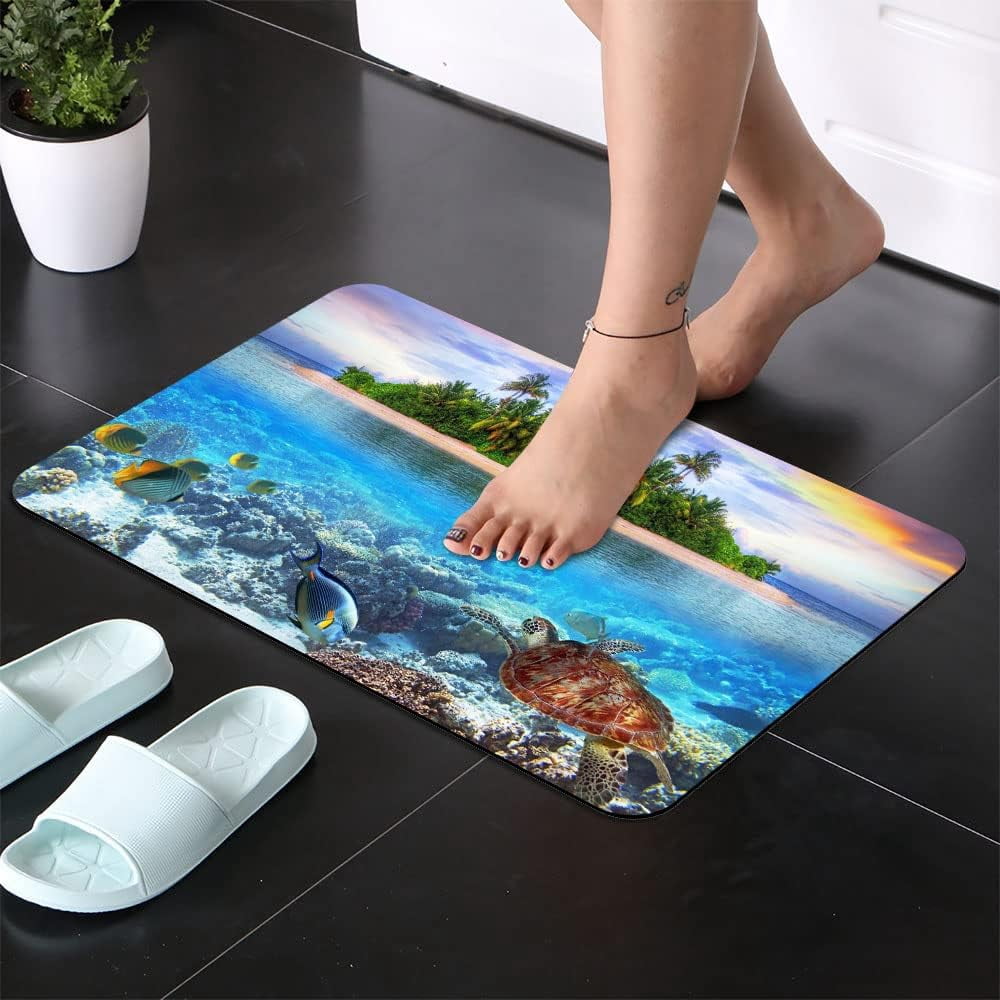 Diatomaceous Earth Bath Mat,Beaches and Underwater Parks Soft Wrinkle Free Bathroom Floor Rugs Non-Slip Volume Super Absorbent Fast Drying for Bathroom Kitchen Door mat(50cm×80cm)