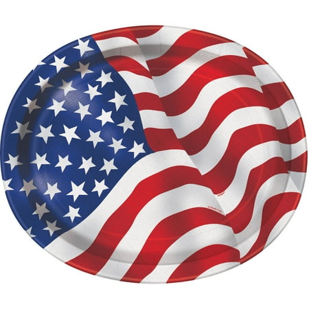 - US American Flag Paper Oval Plates, 12in, 8ct