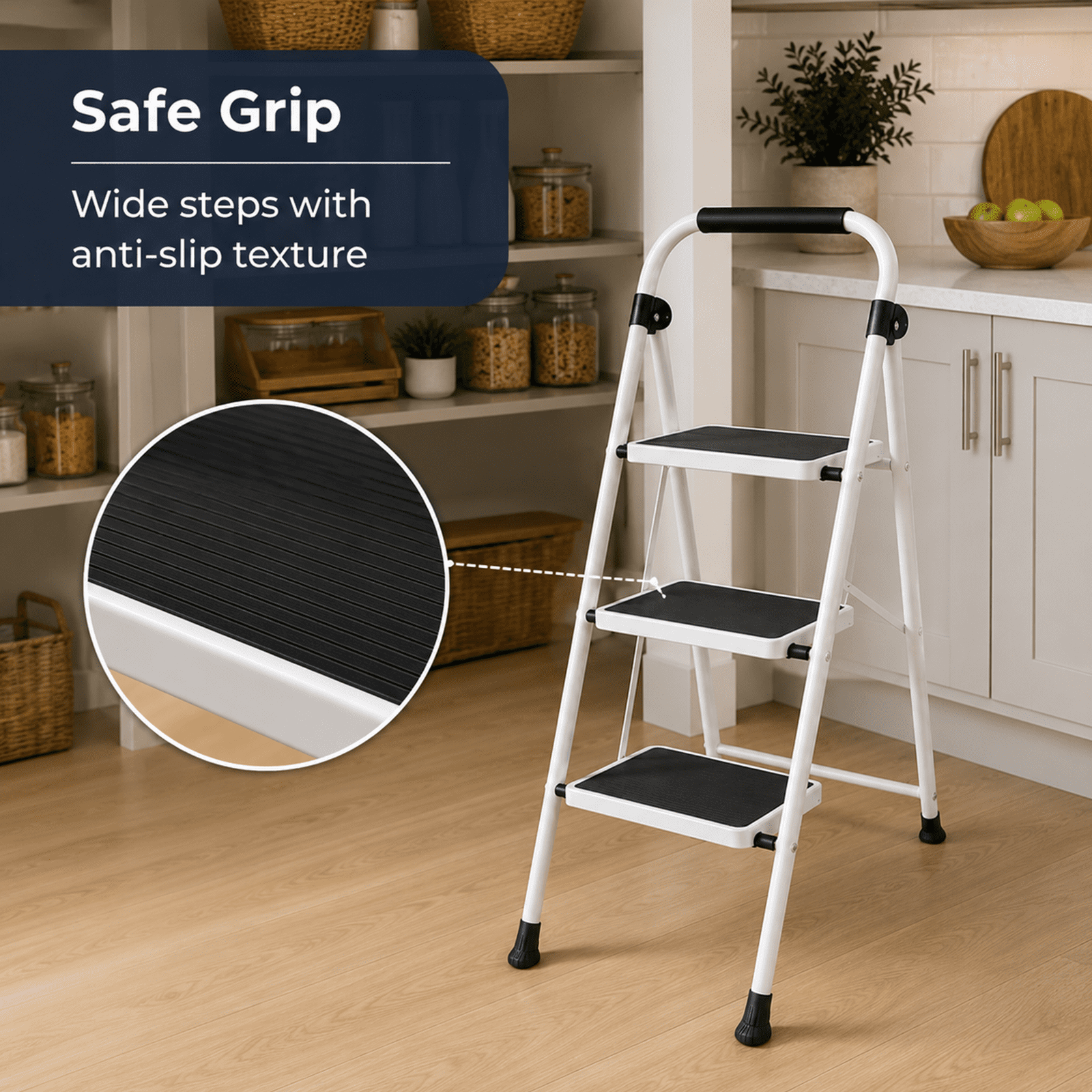 Alvantor 2/3-Layer Steel Step Ladder with Handrail and Wide Anti-Slip Pedals, Space-Saving, Portable for Home and Office Use